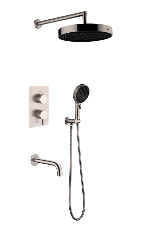 Boheme Комплект для душа CELL, лейка верхняя+ручная, излив, встраиваемый смеситель однорычажный NIKEL BRUSH