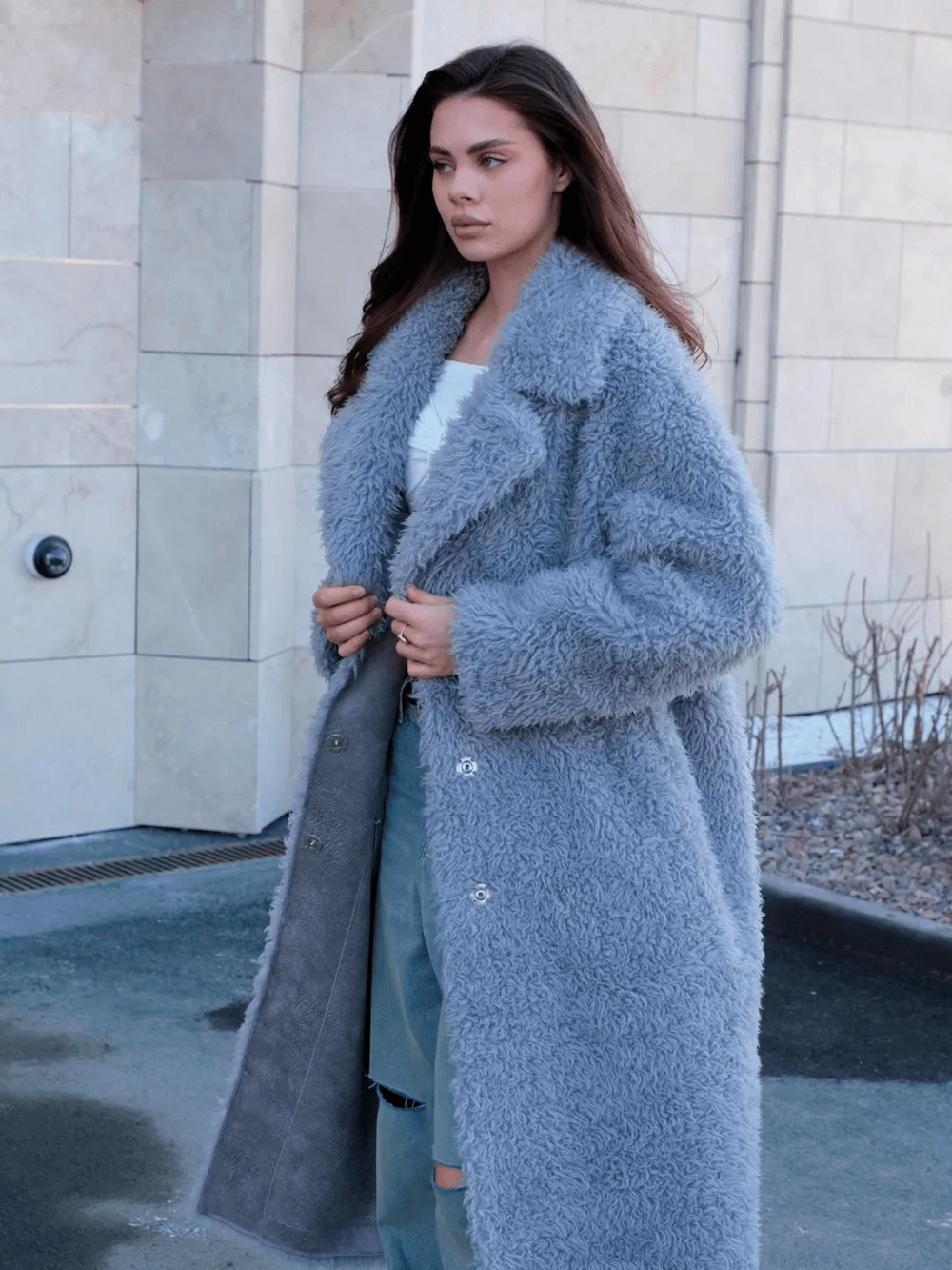 Шуба из шерсти мериноса, стальная, SilverFox