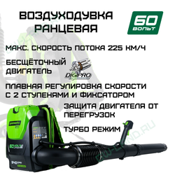 Ранцевый Воздуходув, аккумуляторный Greenworks Арт. 2402307, 60V, бесщеточный