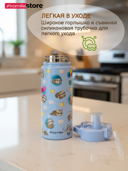 Термос детский 600 мл. с трубочкой Kamille KM 2164 с 3D рисунком