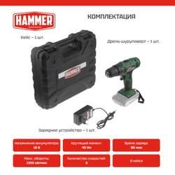 Шуруповерт аккумуляторный HAMMER ACD18BS, 2 акк. Li-ion(АКБ требует обслуживания или замены)), 18В, 45 Нм, В КЕЙСЕ