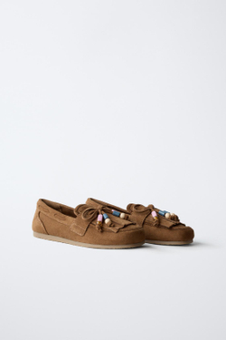 ZARA ЛОФЕРЫ С ДЕКОРАТИВНЫМИ БУСИНАМИ, КОРИЧНЕВЫЙ