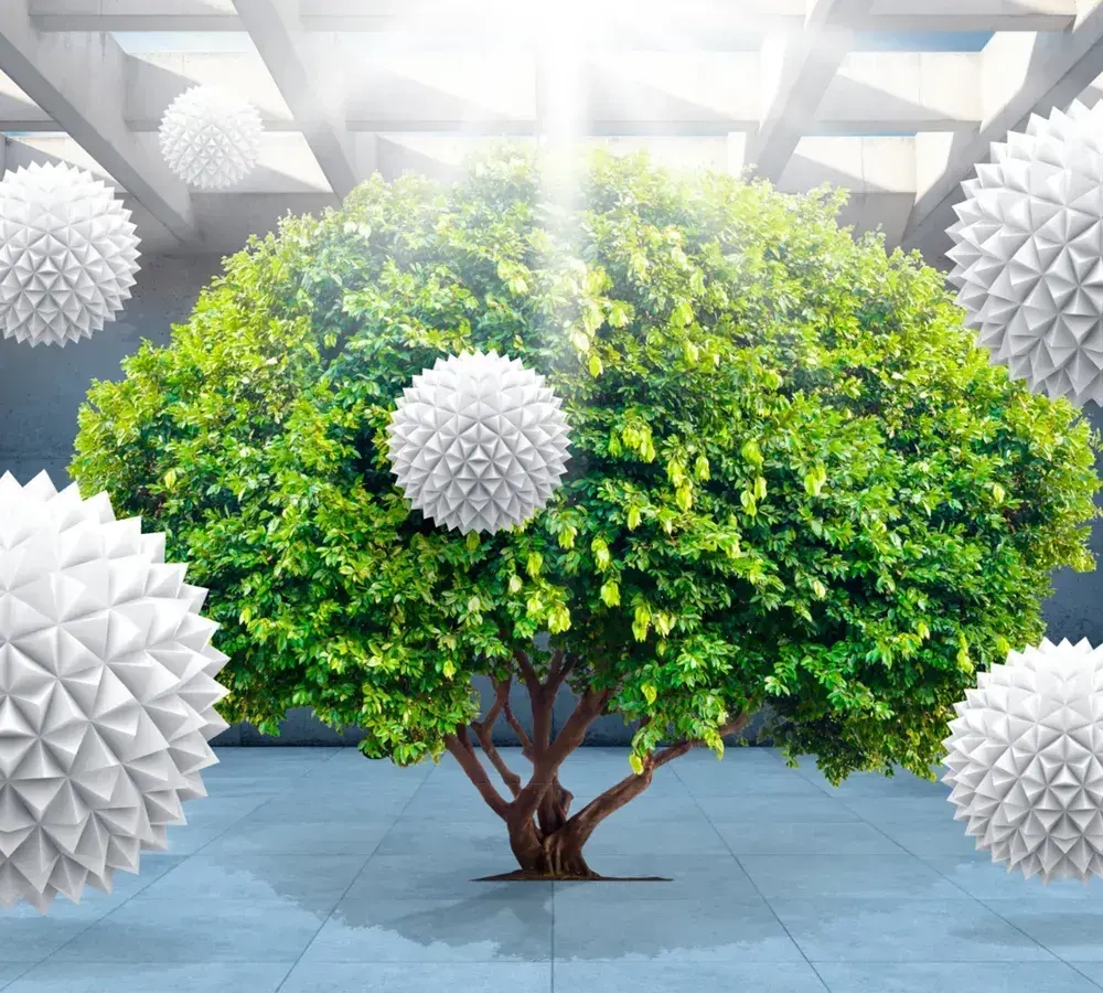 Фотообои виниловые на флизелиновой основе "Дерево с колючими шарами 3D зеленый", Арт. 13-076, 300х270см (ШхВ)