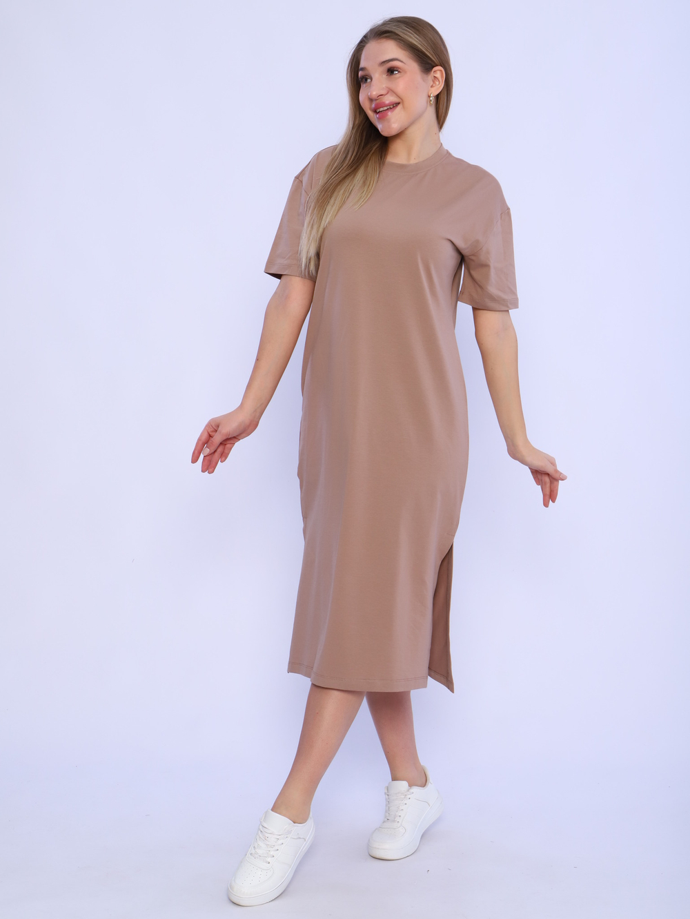 Платье трикотажное макси с разрезами принт 116ФЛ-ОДТ, С.Коричневый