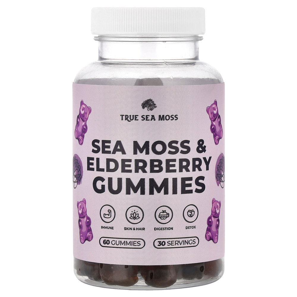 True Sea Moss, Жевательные мармеладки с морским мохом и бузиной, 60 шт.