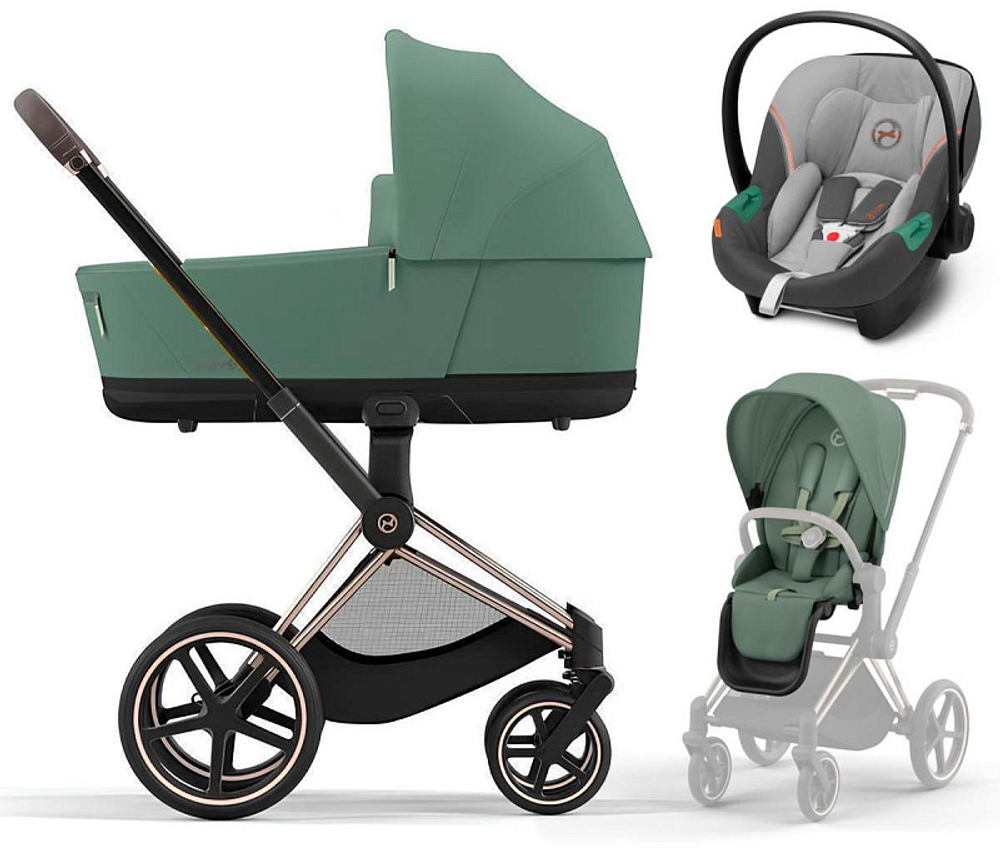 Коляска 3 в 1 Cybex Priam IV Rosegold complete и автокресло Aton S2 i-Size Lava Grey Leaf Green
