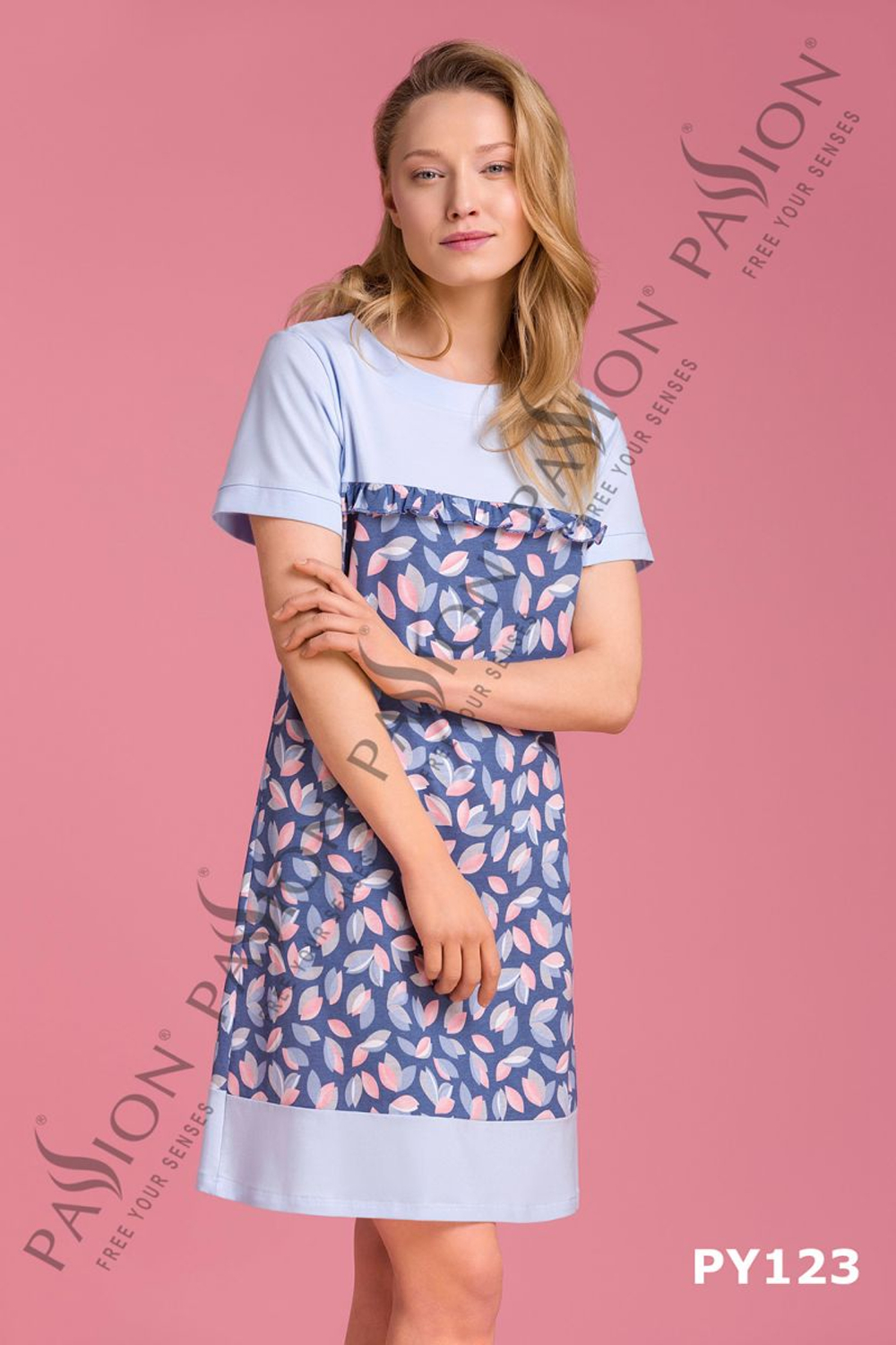 Женская короткая сорочка с оборкой (Размер: XXL) (Цвет: синий с голубым)