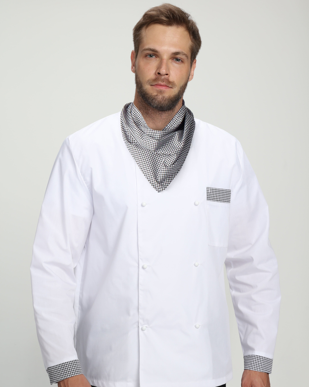 Костюм повара Шеф-2 (тк.ТиСи), белый/черный/принт-клетка