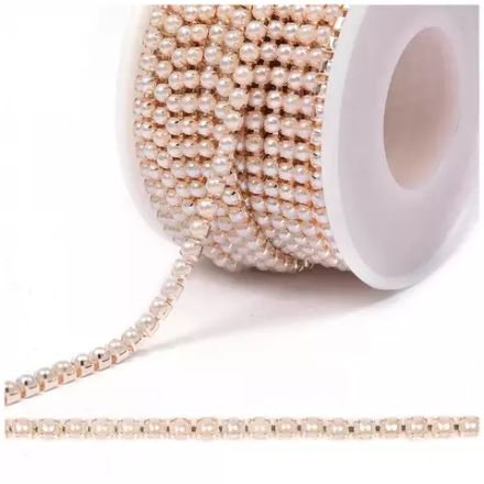 Цепь с жемчугом , цв.WHITE/PINKGOLD, 3 мм