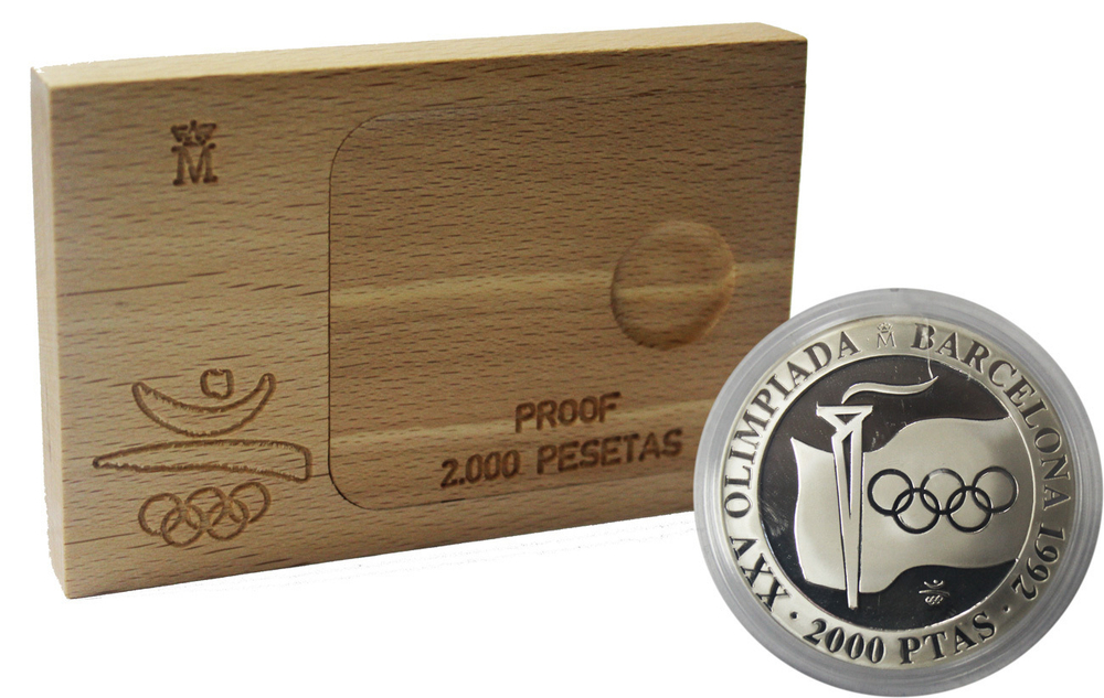 2000 песет 1991 Испания. XXV Летние Олимпийские игры, Барселона 1992 - Факел кольца. Серебро PROOF в родной коробке