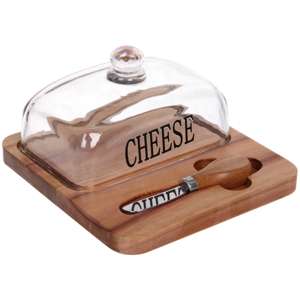 Сырница деревянная «SHEF» 18,5*18*9,5см с крышкой из стекла и ножом