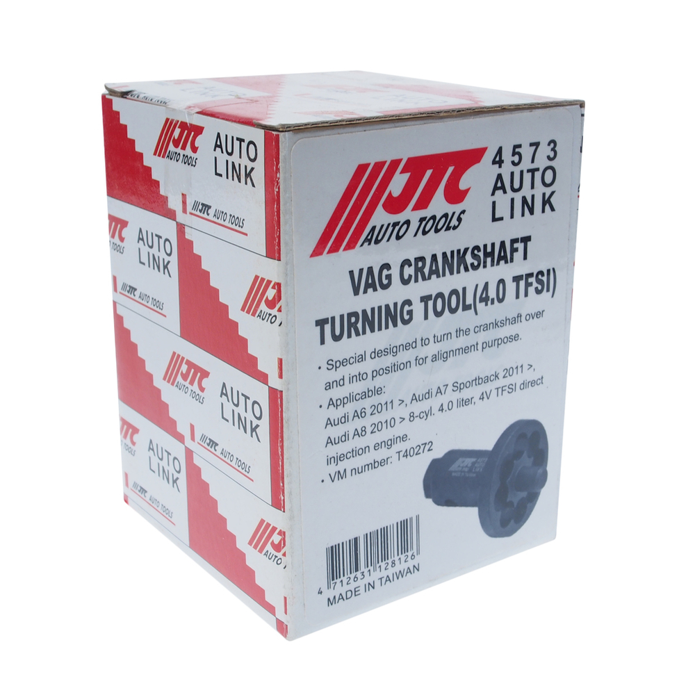 JTC-4573 - Приспособление для проворачивания коленвала (AUDI A6,A7 Sportback,A8 4.0 4V TFSI) JTC - 
Специально разработано для проворачивания коленвала в положение выравнивания.
Применение: Audi А6 2011, Audi А7 Sportback 2011, Audi А8 2010 8 цил., 4-х литр., 4V TFSI двигатель с прямым вспрыском.
VM номер: Т40272.