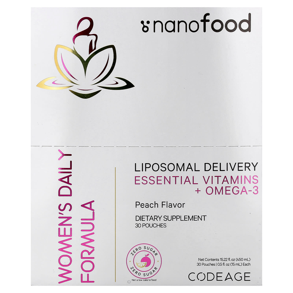 Codeage, Nanofood, ежедневная формула для женщин, липосомальная технология доставки, незаменимые витамины и омега-3, персик, 30 пакетиков по 15 мл (0,5 жидк. унции) каждый
