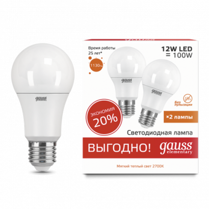 Лампа Gauss LED Elementary A60 12W E27 2700K (2шт в упак) 23212P