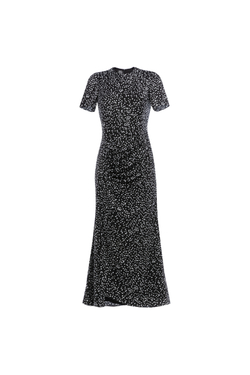 09-02-25 SS Платье с декоративными складками на уровне талии черное в "горох"