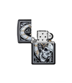 Зажигалка Zippo Skull Clock Design с покрытием Black Matte, латунь/сталь, чёрная, матовая, 36x12x56