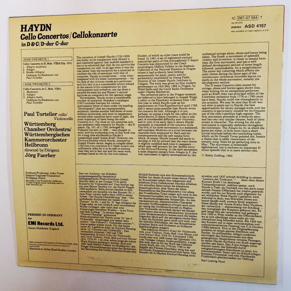 Винтажная виниловая пластинка LP Paul Tortelier Joseph Haydn Гайдн Jorg Faerber Cello Concertos Cellokonzerte (Geramyn 1982)