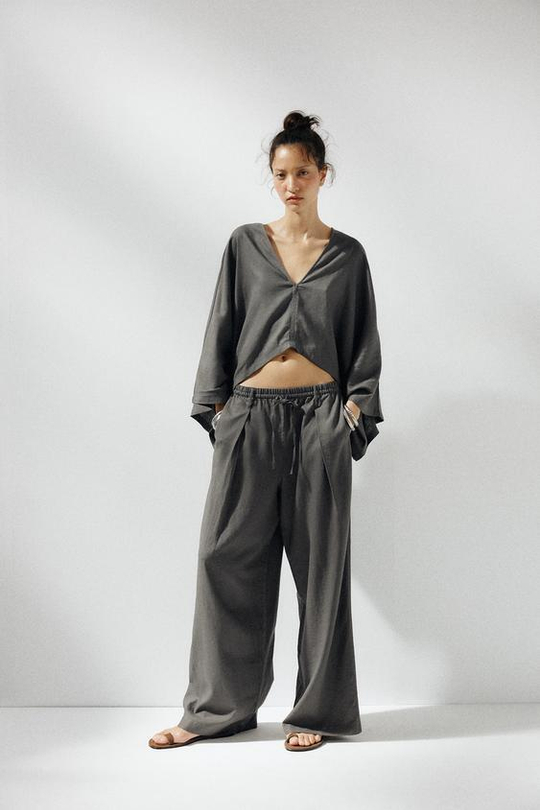ZARA БРЮКИ ИЗ ЛЬНА, ТЕМНО-СЕРЫЙ