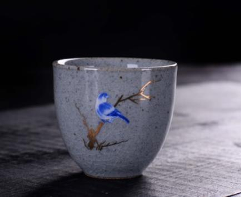 268094.2 Пиала РЕТРО "Птичка на ветке" роспись по эмали h=5см, d=7,2см, 70мл, керамика голубой