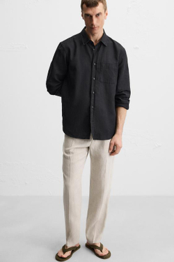 ZARA БРЮКИ ИЗ 100% ЛЬНА С ЗАЩИПАМИ, СВЕТЛО-БЕЖЕВЫЙ