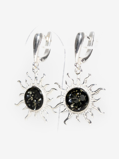 Серебряные серьги с цельным янтарем "Солнце", серебро 925 пробы