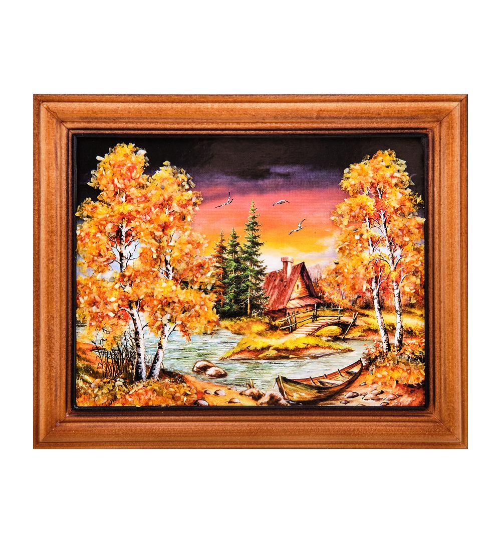 AMB-74/47 Картина «Избушка в лесу» (с янтарной крошкой) дер.краш.рамка 12х15