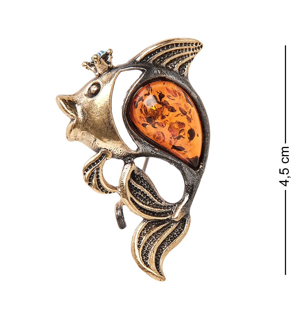 AM-2035 Брошь «Рыбка Царевна» (латунь, янтарь)