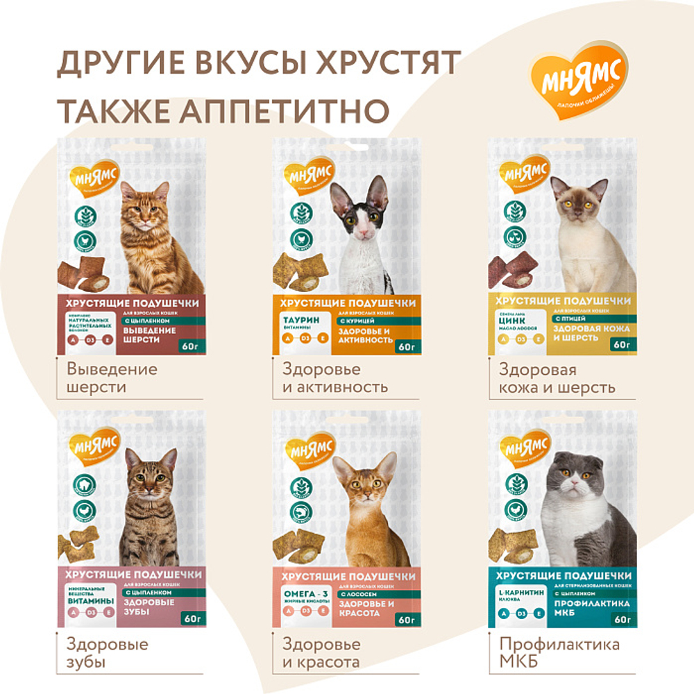 Лакомство для котят хрустящие подушечки с цыпленком и яйцом "Здоровый котенок" Мнямс 60 г, 10 шт в упаковке