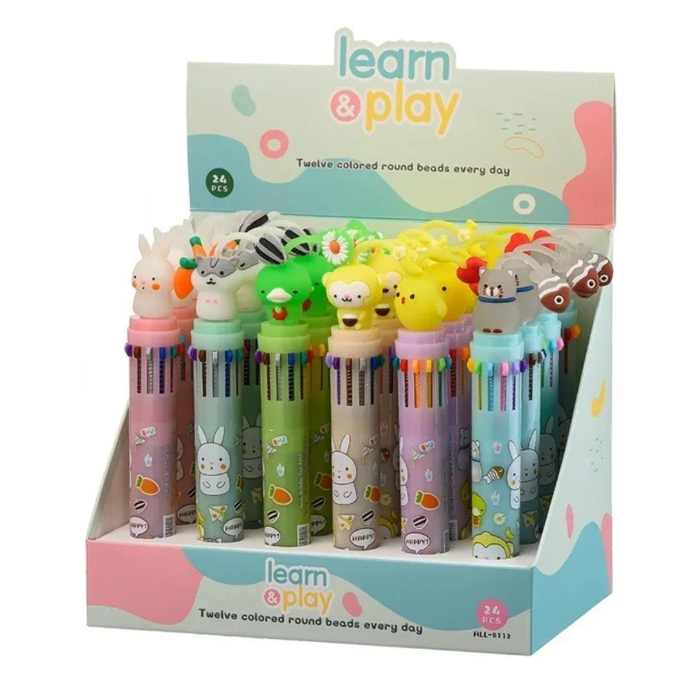 Ручка шариковая, автоматическая, 12в1, Basir, серия "Животные", 12-ти цветная, с резиновой фигуркой, 24 шт