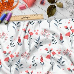 Ткань шелк Армани коралловые цветы и листья на белом фоне