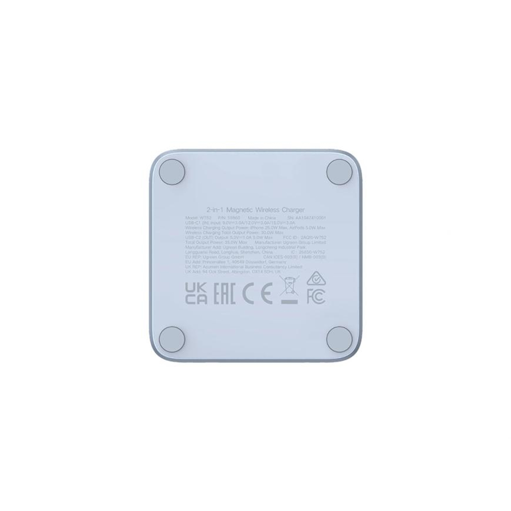 Складная зарядная станция MagSafe Ugreen MagFlow для iPhone и AirPods (Qi2.2) (W752) Беспроводная зарядка: Qi 25 Вт, Qi 5 Вт. Проводная зарядка: USB-C (5 Вт). Сертификация Qi2. Есть LED-индикация