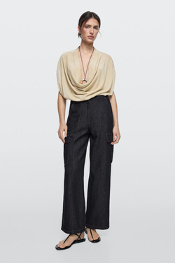 Massimo Dutti Джинсы-карго из смеси льна, темно-синий