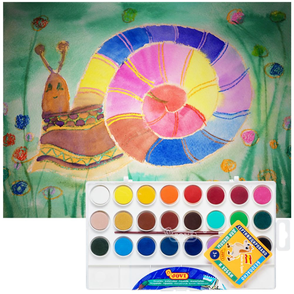 Акварель JOVI, 24 цвета, малые кюветы, с кистью, с палитрой, пластик, европодвес