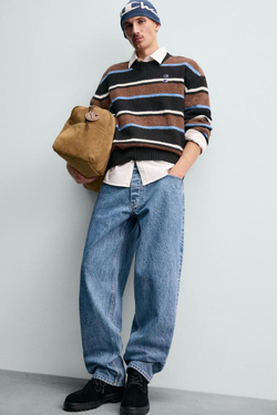 ZARA X CHAMPION СВИТЕР В ПОЛОСКУ С НАШИВКАМИ, ШОКОЛАДНЫЙ