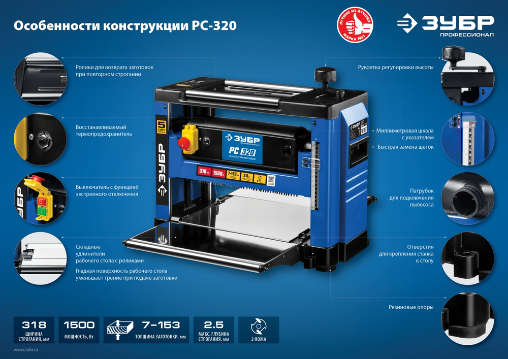 ЗУБР 320 мм, 1500 Вт, рейсмусовый станок, Профессионал (РС-320)