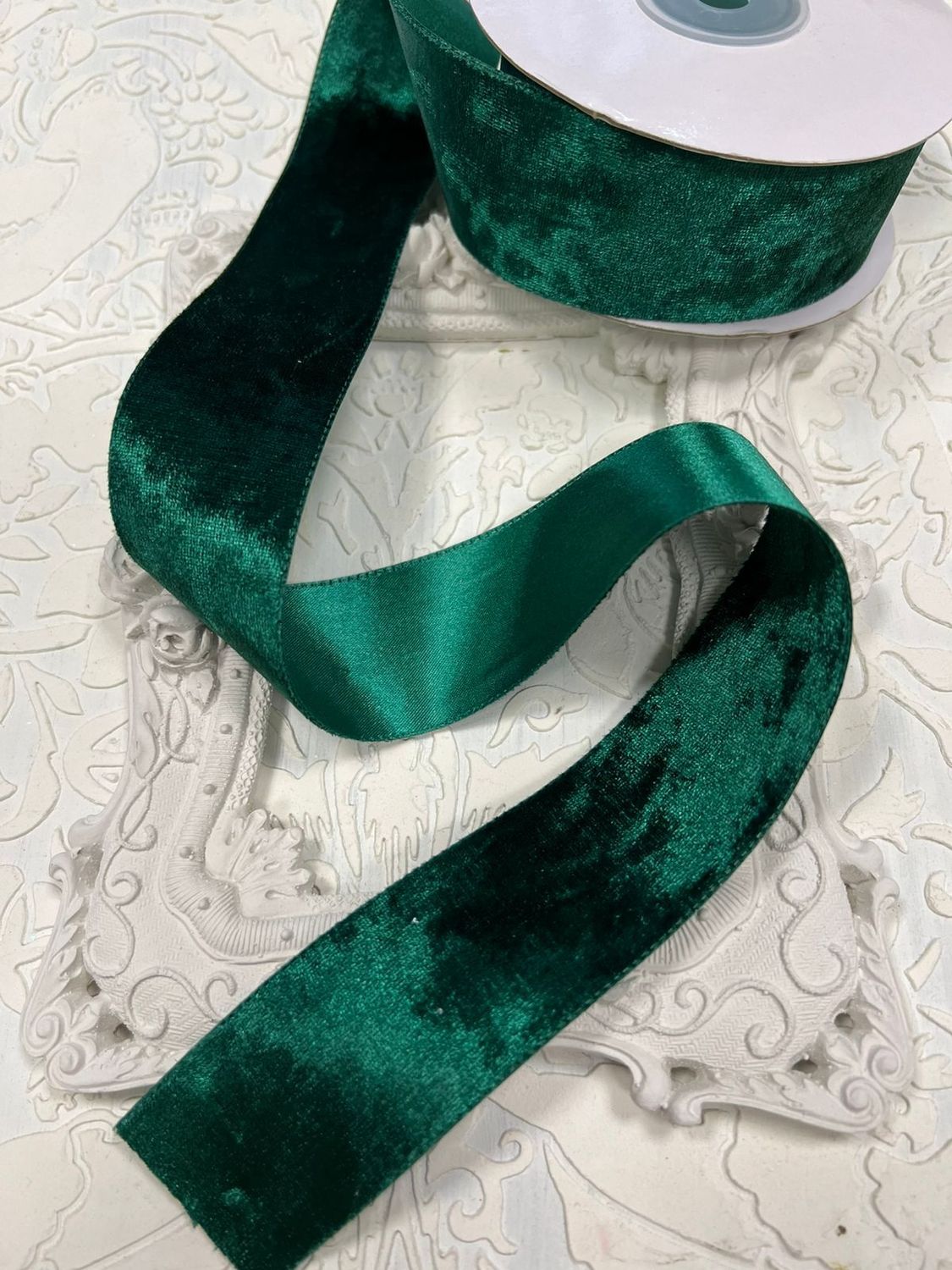 Лента двусторонняя велюр/атлас 4см цвет зеленый (1м)