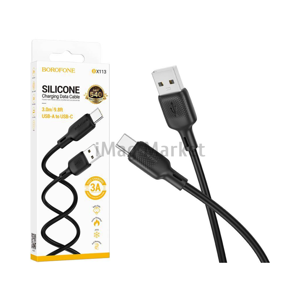 Зарядный кабель Borofone BX113, USB-A - Type-C, 3A, 18W, 3 м, черный