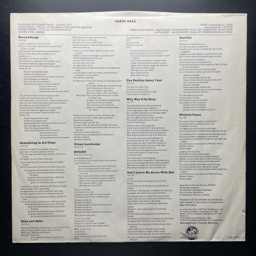 Daryl Hall ‎– Sacred Songs (США 1980г.)