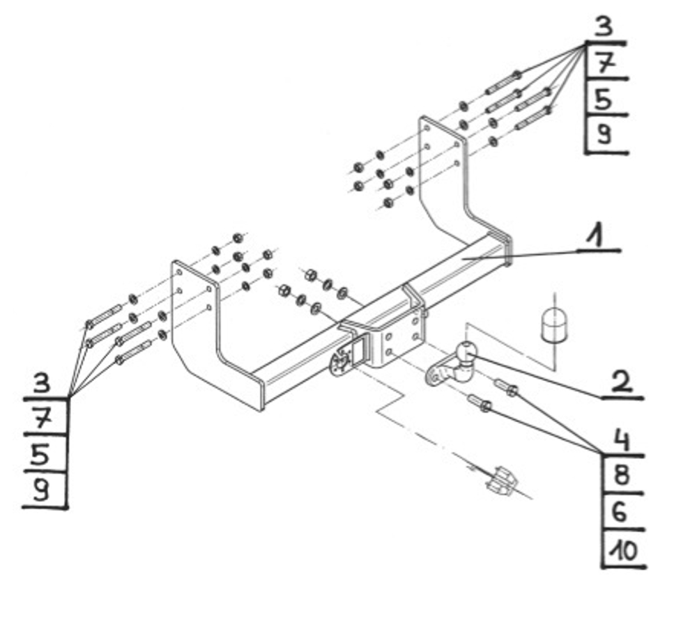 Фаркоп на Mercedes Sprinter II фургон/микроавтобус/шасси (3,0T/3,5T) (3,250/3,665/4,325 м) без ступеньки, одинарные колёса 2006-2019, Volkswagen Crafter фургон/микроавтобус/шасси (3,0T/3,5T) (3,250/3,665/4,325 м) без ступеньки, одинарные колёса 2006-2017 без снятия и подрезки бампера (паспорт и сертификат в комплекте)(без электрики) Steinhof.V-032