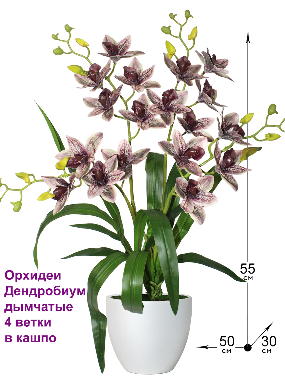 Орхидея Дендробиум 4 ветки дымчатая в белом кашпо