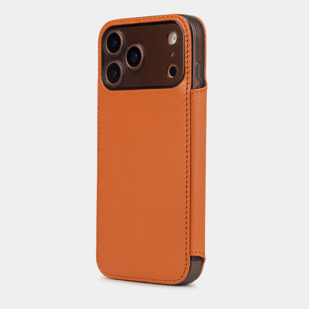 Чехол-книжка кожаная для iPhone 17 Pro, коза оранжевого цвета