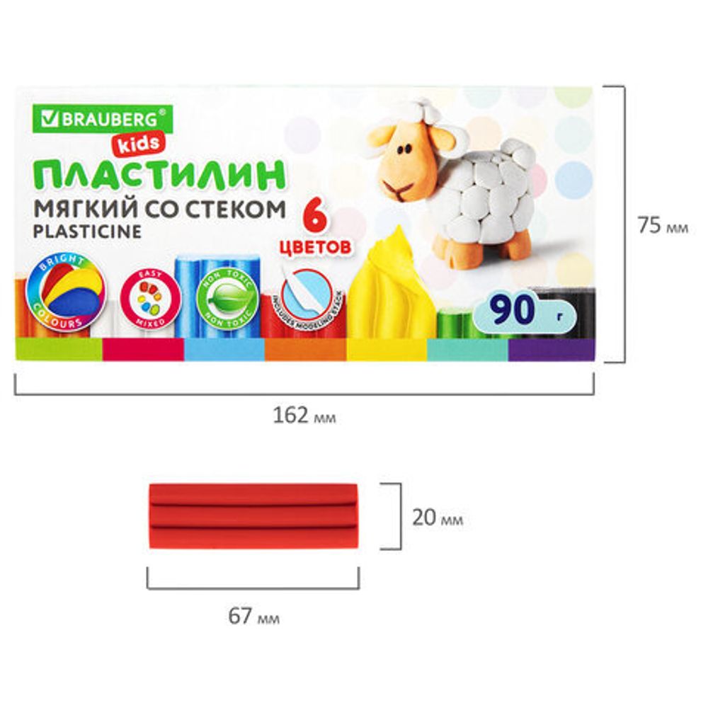 Пластилин мягкий восковой BRAUBERG "KIDS", 6 цветов, 90 г, со стеком, 106493