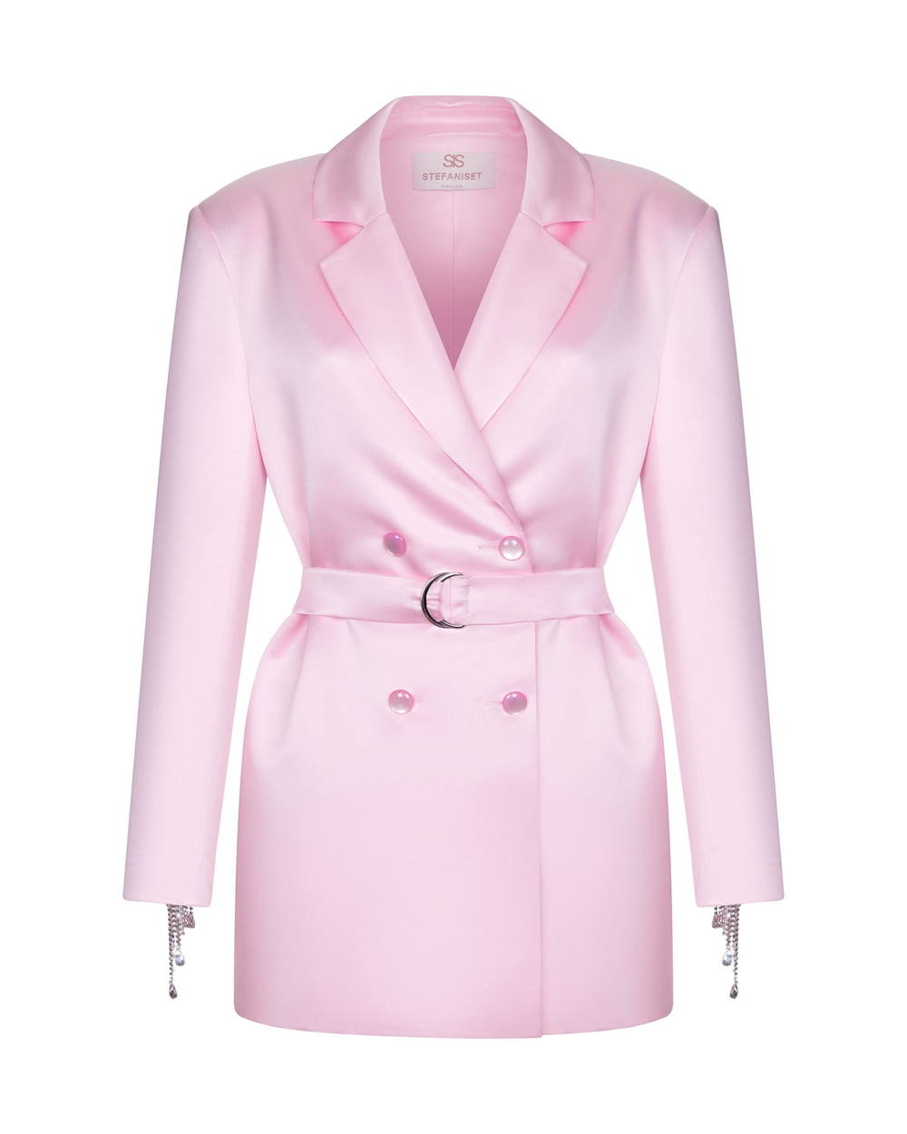 Платье-жакет из атласа с бахромой из камней, светло-розовый