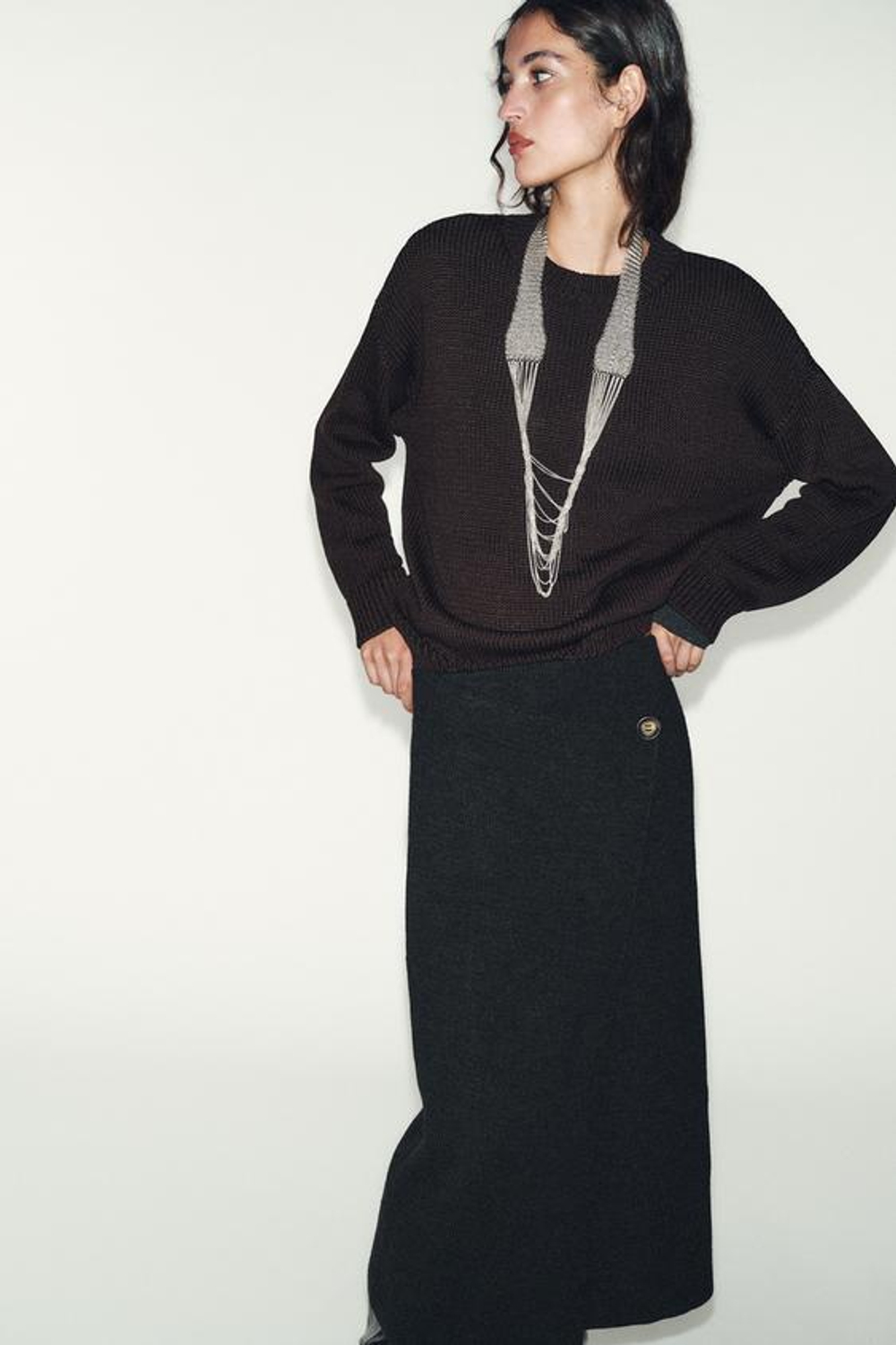 ZARA ТРИКОТАЖНАЯ ЮБКА МИДИ НА ЗАПАХ, ТЕМНО-СЕРЫЙ