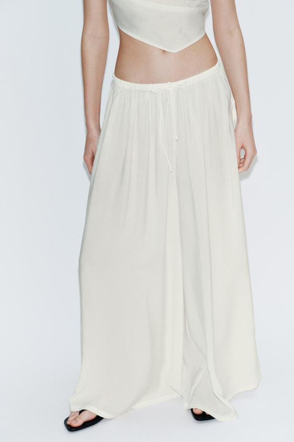 ZARA БРЮКИ ПАЛАЦЦО НА ШНУРКЕ, БЕЛЫЙ