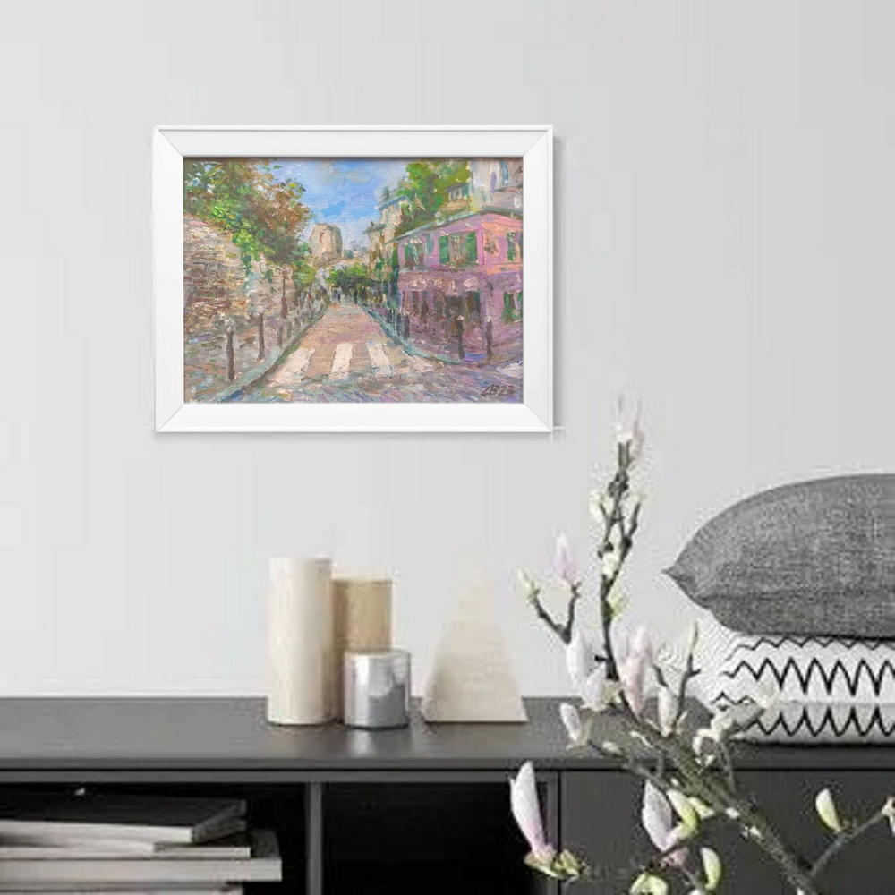 Картина авторская маслом на бумаге в раме 25х34 см на стену для интерьера "Париж. Розовый домик"