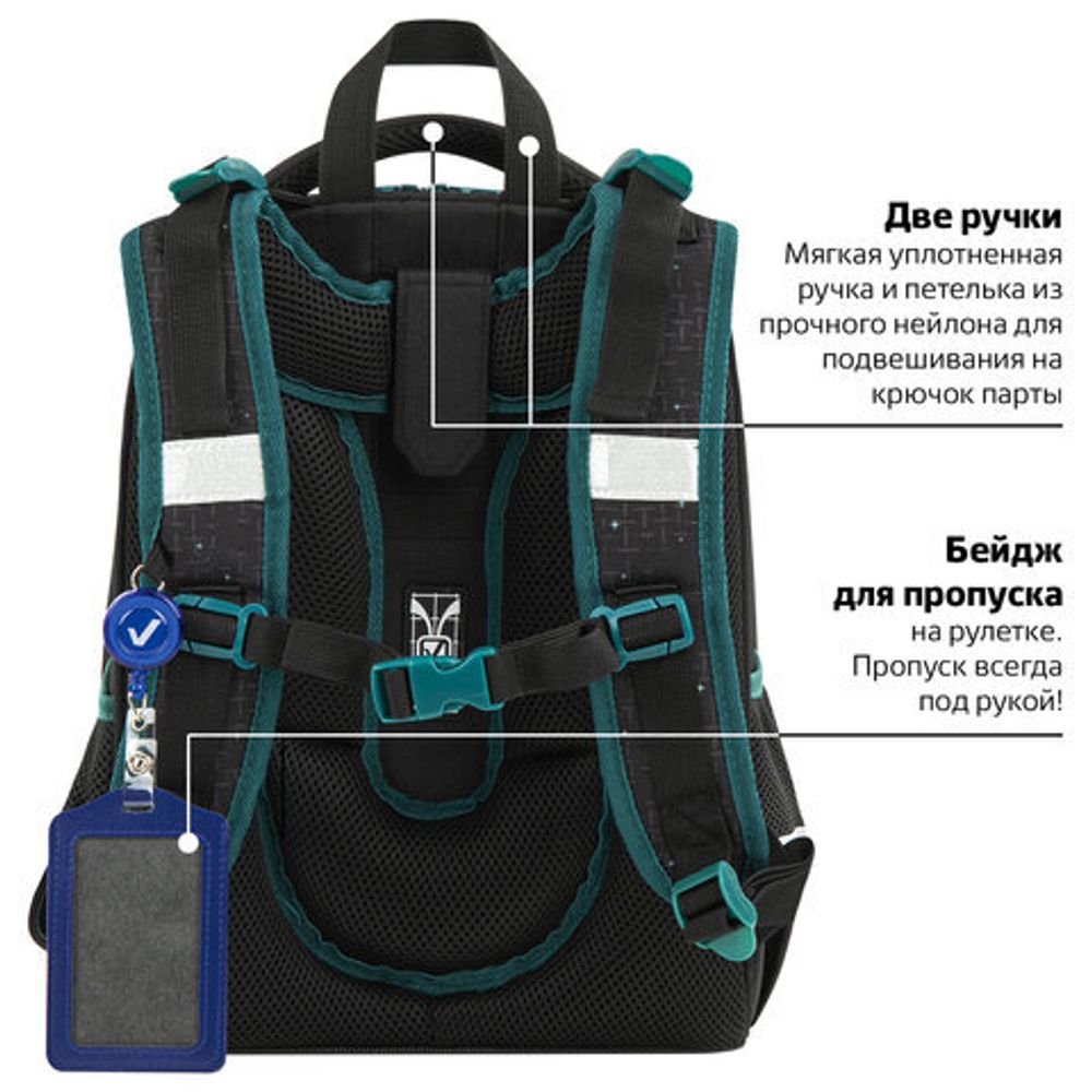 Ранец BRAUBERG PREMIUM, 2 отделения, с брелком, "Space mission", LED ЛАМПОЧКИ, 38х29х16 см, 270599