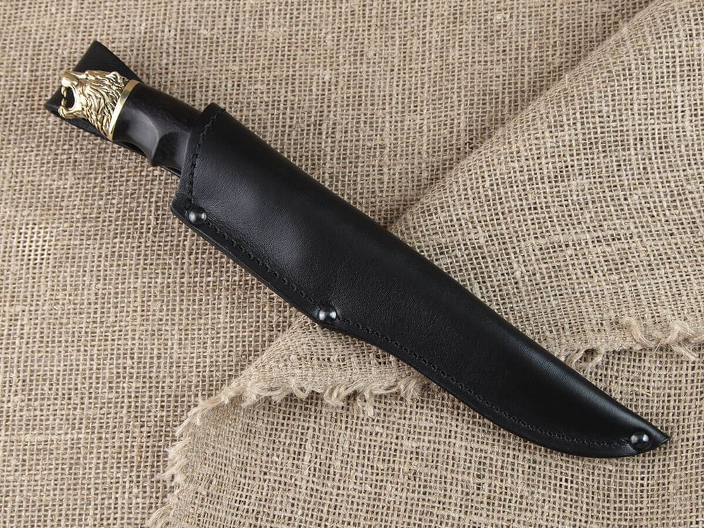 Нож "Тигр малый", дамасская сталь, рукоять черный граб мореный, литье голова зверя