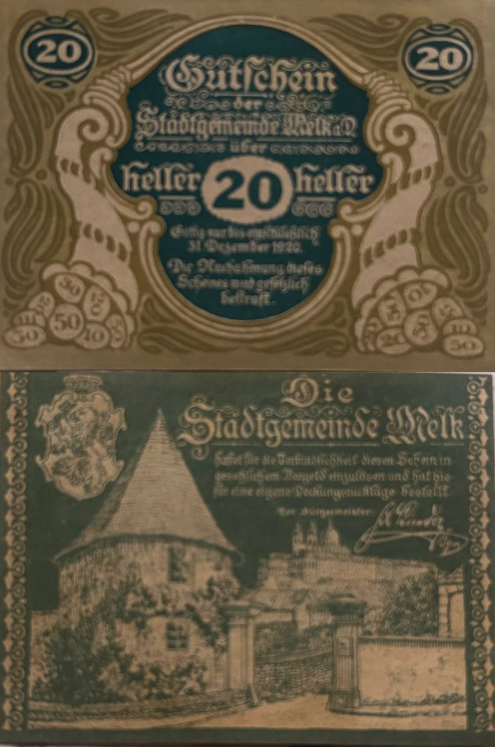 Австрия 20 геллеров 1920 Мельк aUNC