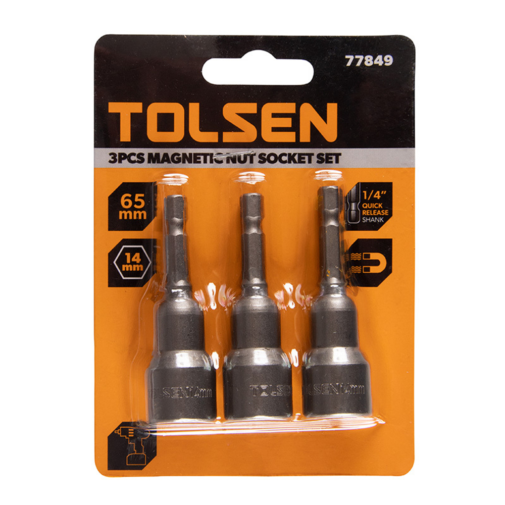 TOLSEN (TT77849) Набор головок для шуруповерта шестигранных 1/4", 14 мм, 65 мм, магнитных, 3 предмета